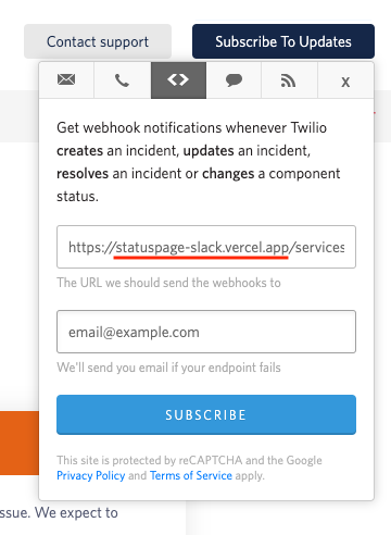 a screenshot of the Statuspage webhook notification subscription form with example data showing the use of this app's domain